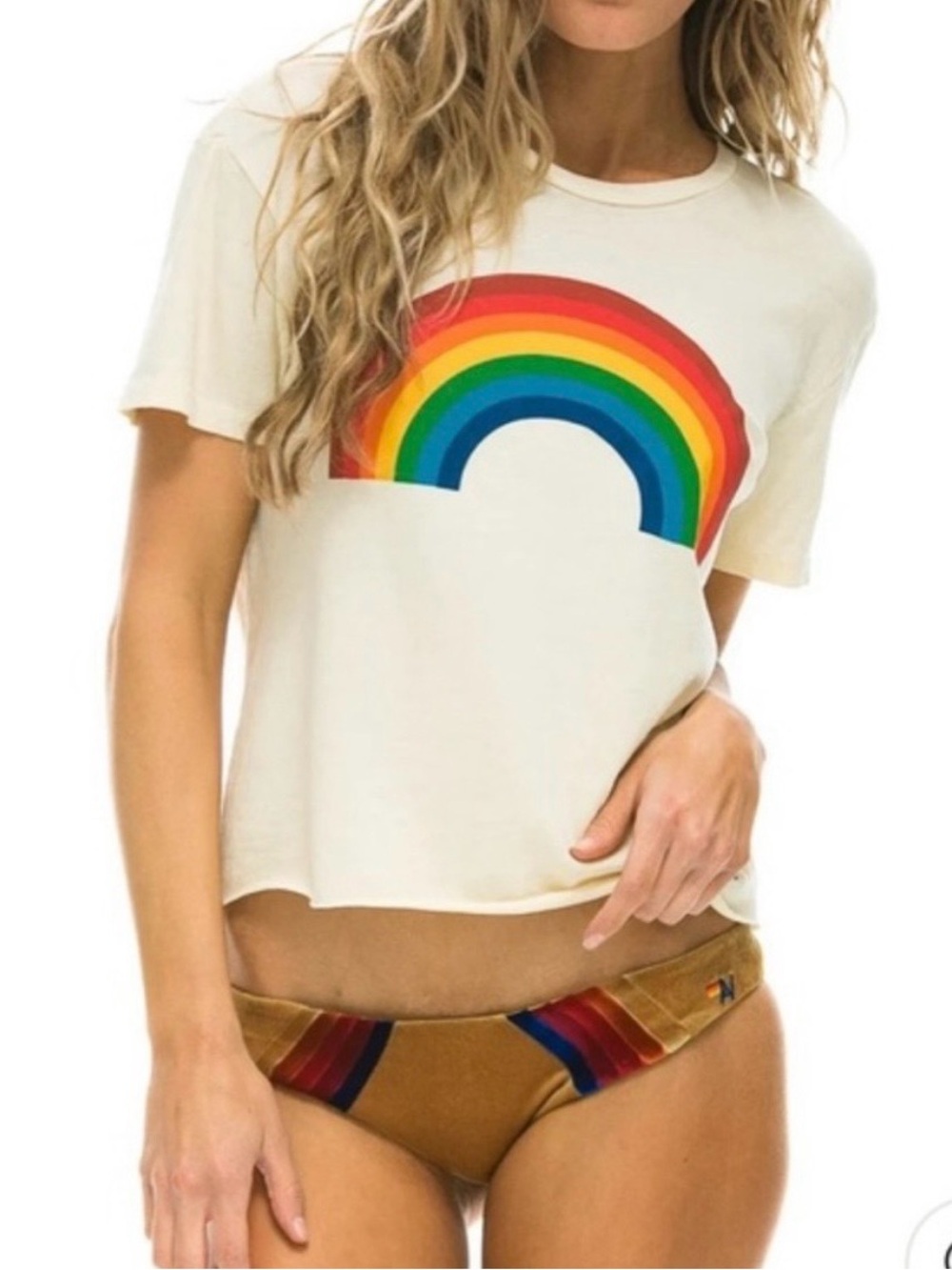 Aviator Nation Cream Short Sleeve Tee with Rainbow Graphic Size Large